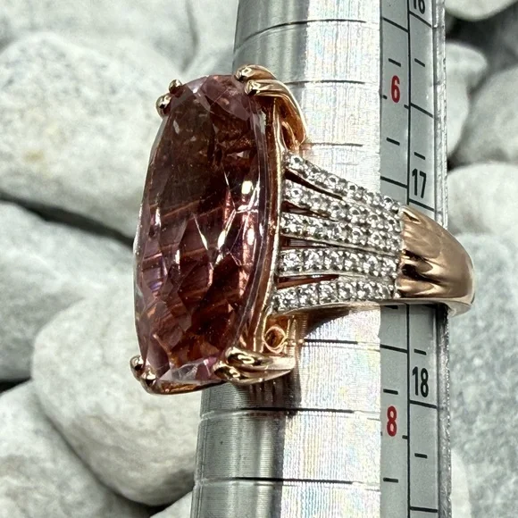 Morganite Cushion Cut Ring Rose Gold Over Sterling CZ Pave Size 7 - Picture 10 of 17